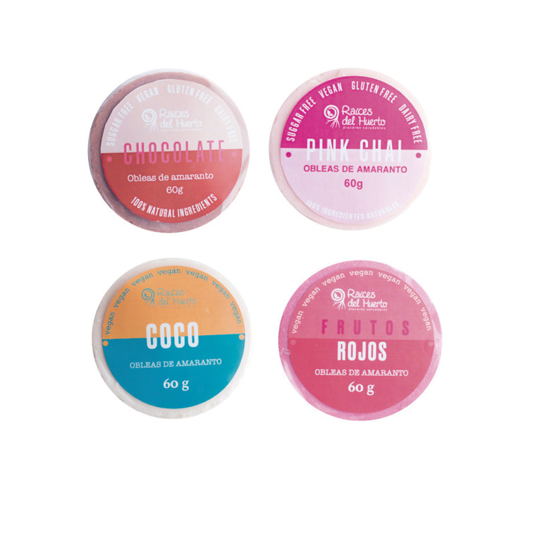 Kit de obleas 4 piezas (Chocolate, pink chai, coco, frutos rojos) 60g/ Raíces del huerto